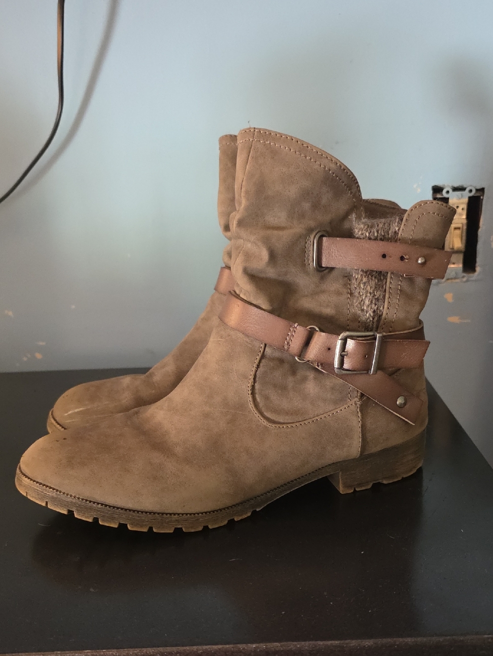 Women's Suede Buckle Moto Boots in Brown
